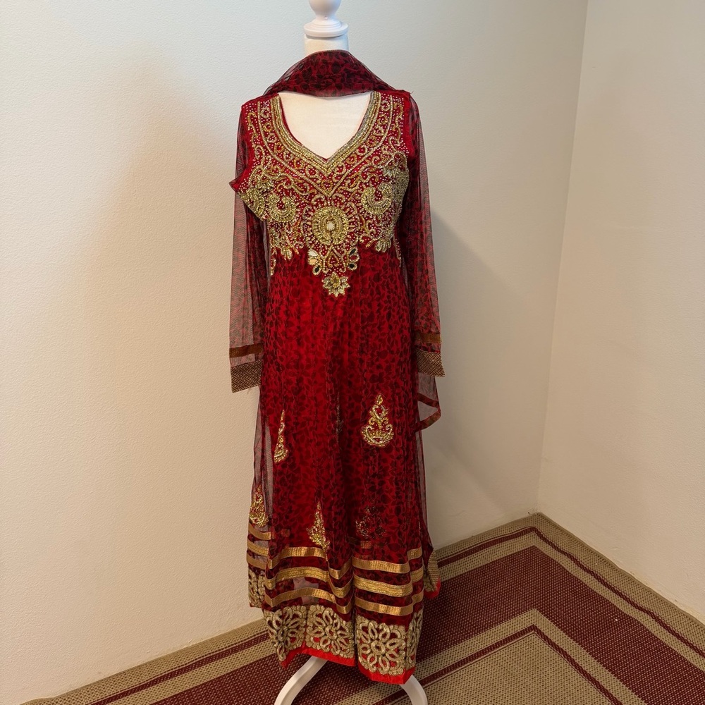 Red Gold Embroidered Girls Formal Dress with Dupatta